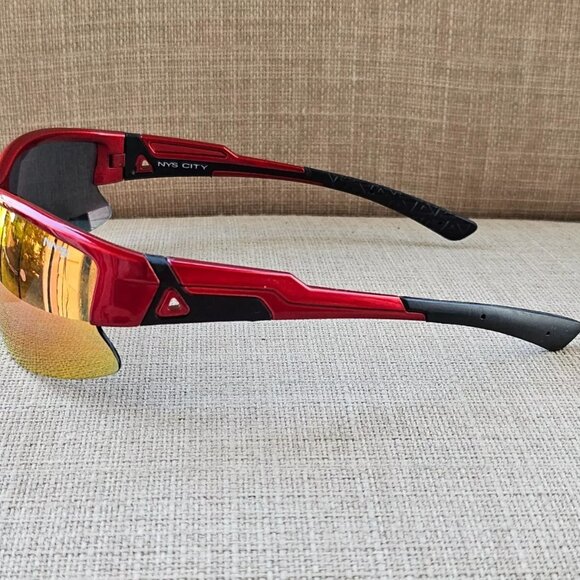 NYS City Men Sunglasses Red Wrap Frame Mirror Lenses Eye Wear Nautilus Avenue - Picture 6 of 11